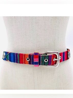 Vintage Fossil Woven Fabric Leather Belt Concho Southwest Multicolor Size Medium